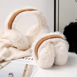Cozy white plush Maillard earmuffs with brown headband, foldable winter warm ear covers