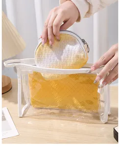 Detailed view of the yellow woven pouches being stored in a transparent travel bag.