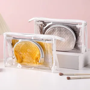 Transparent 3-piece toiletry bag set with woven pattern for travel organization