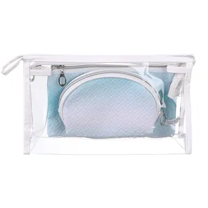 Portable 3-piece waterproof toiletry and cosmetic bag set with light blue woven pattern