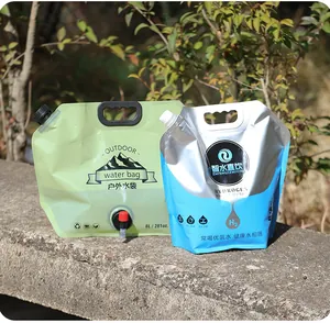 Detail view of 8L portable outdoor water bags in green and blue for camping and hiking