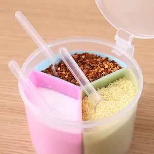 3-in-1 round plastic seasoning box with clear lid and three spoons for salt and spices