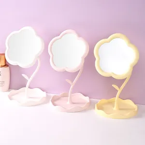 Miroir de maquillage mignon en forme de fleur en trois couleurs avec support rotatif