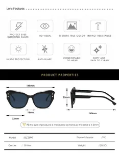 Schéma de mesure détaillé et caractéristiques des lunettes de soleil œil de chat