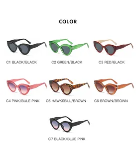 Grid view of cat-eye sunglasses in various colors like black, pink, and green.