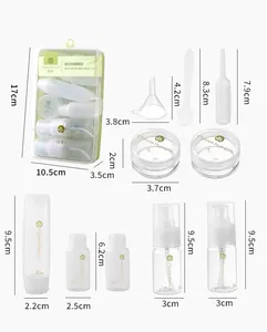 Complete travel size toiletry bottle set including pump and spray bottles with dimensions