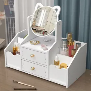 Schreibtisch Make-up Organizer Mit HD Spiegel Große Kosmetik Aufbewahrungsbox Schublade Schmuckkästchen Für Hautpflege Badezimmer Weiß