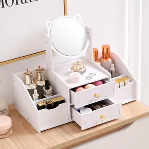 Großer weißer Make-up-Organizer für den Schreibtisch mit Katzenohr-Spiegel und Schubladen