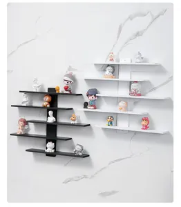 Wall-mounted floating shelves for figurine and blind box display, black and white set.