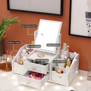 Premium weißer Make-up-Organizer für den Schreibtisch mit LED-Spiegel und Kristall-Schubladen