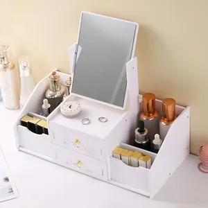 Eleganter weißer Make-up-Organizer mit Spiegel und zwei Schubladen für den Schreibtisch.