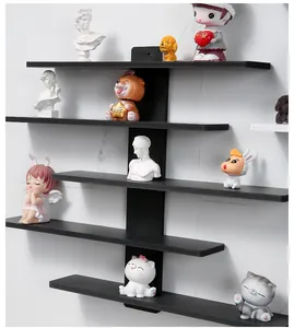 Modern black wall-mounted display shelf for collectible figurines and blind boxes.