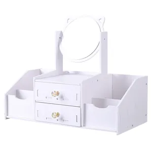Weißer Schreibtisch-Make-up-Organizer mit zwei Schubladen und rundem Katzenohrspiegel