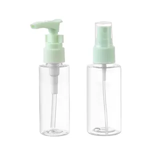 Set de 2 botellas de viaje transparentes con spray y bomba verde para líquidos