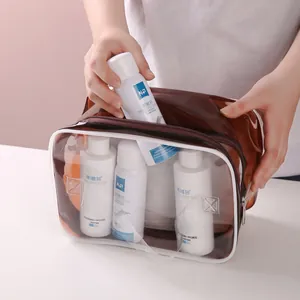 Neceser portátil de PVC marrón impermeable para organizar artículos de tocador de viaje