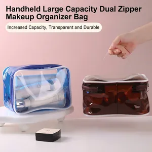 Bolsa de maquillaje transparente de PVC impermeable con cremallera doble para viaje