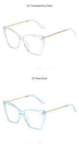 Detail der Vintage-Cat-Eye-Brille in transparenten und blauen Rahmen mit Goldbügeln