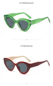 Fashionable cat-eye sunglasses shown in transparent green and chic red variants
