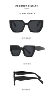Detailed professional view of black square sunglasses showing front and side angles display