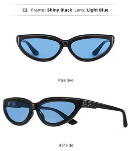 Lunettes de soleil œil de chat vintage avec monture noire brillante et verres bleu clair