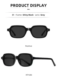 Detailed front and side views of shiny black propionate core sunglasses with grey lenses