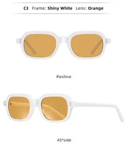 Detailed view of fashion sunglasses with shiny white frame and orange lenses