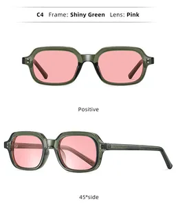 Detailed views showing shiny green small frame sunglasses with pink lenses at multiple angles