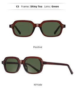 Detailed views of retro small frame sunglasses with Shiny Tea frame and Green lenses