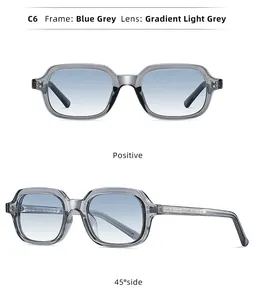 Macro view of blue grey fashion sunglasses with gradient light grey lenses in dual angles