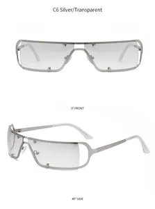Vue détaillée des lunettes de soleil Y2K sans monture en métal argenté, de face et de profil
