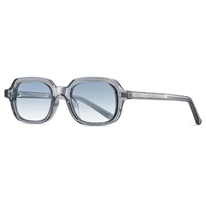 Stylish transparent grey rectangular sunglasses with blue gradient lenses and UV protection