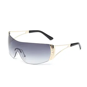 Lunettes de Soleil Bouclier Sans Monture Y2K pour Hommes Femmes Métal Strass Oversize Enveloppantes Sport UV400