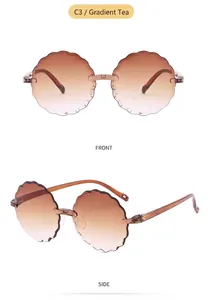 Detail view of flower-shaped kids' sunglasses in gradient tea color from front and side angles