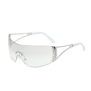 Lunettes de soleil futuristes sans monture Y2K avec strass et branches en métal argenté