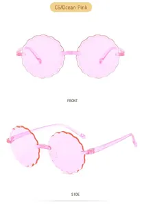 Close-up detail of pink scalloped rimless kids sunglasses in front and side views