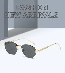 Rimless polygon metal sunglasses with dark tinted lenses and gold-tone temples