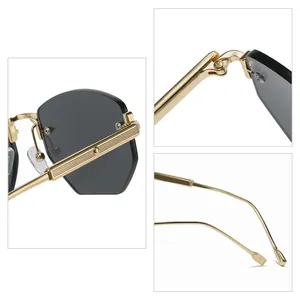 Close-up detail of gold metal temples and hinges on these polygonal rimless sunglasses