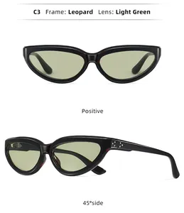 Vue détaillée des lunettes de soleil œil de chat rétro avec monture léopard et verres verts