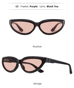 Vue détaillée de lunettes de soleil œil-de-chat rétro avec monture violette et verres thé.
