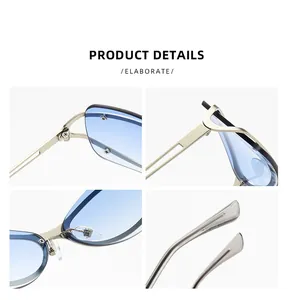 Primi piani di eleganti occhiali da sole Y2K in metallo argento con lenti blu.