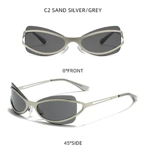 Occhiali da sole cat-eye metallici Y2K sabbia, vista frontale e laterale dettagliata