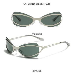 Dettaglio degli occhiali da sole cat-eye in metallo argento Y2K vista frontale e laterale