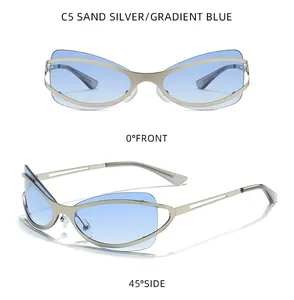 Occhiali da sole Y2K in metallo argento con lenti blu sfumate dal design unico