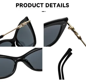 Vues macro détaillées de lunettes de soleil œil-de-chat noires avec charnières en métal doré.