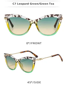 Vues de face et de côté de lunettes de soleil œil-de-chat léopard avec verres dégradés verts.