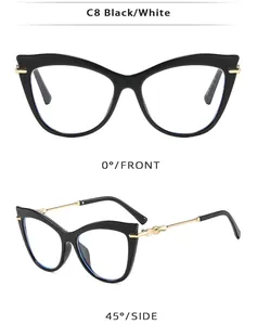 Vues détaillées de montures de lunettes œil-de-chat noires avec branches dorées
