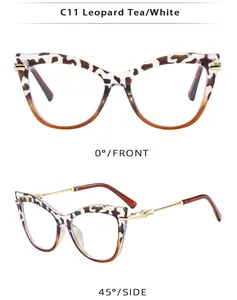 Vues de face et de côté à 45 degrés de lunettes œil-de-chat léopard thé et blanc.
