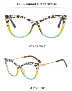Vues de face et de côté à 45 degrés de lunettes papillon léopard avec dégradé vert