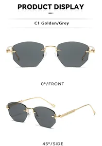 Rimless polygon sunglasses with diamond cut grey lenses and golden metal frame details