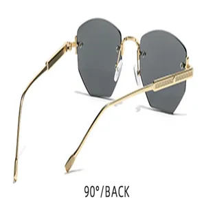 Back view detail of rimless polygonal sunglasses featuring elegant gold-toned metal temples